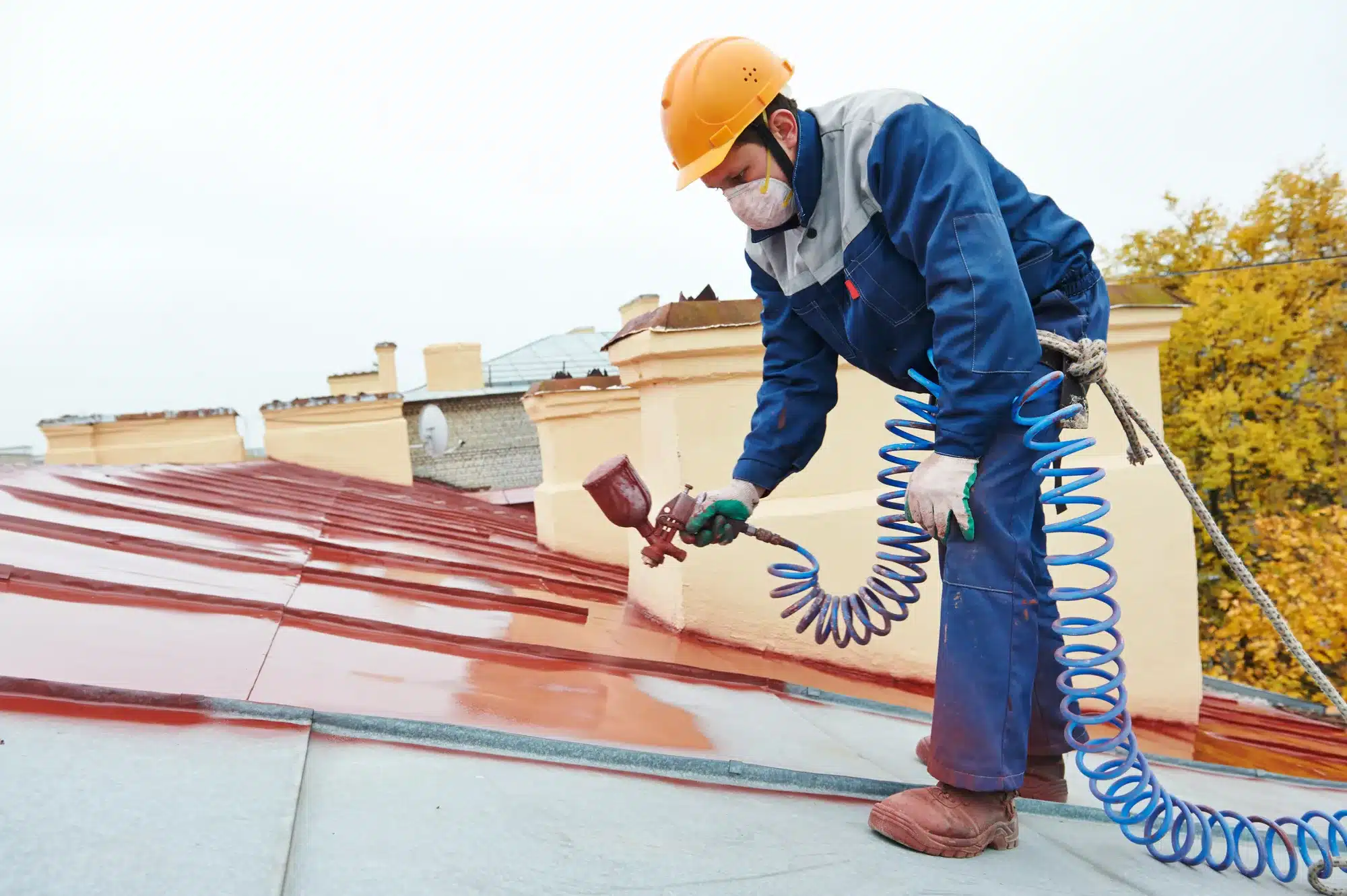 Worker painting a metal roof